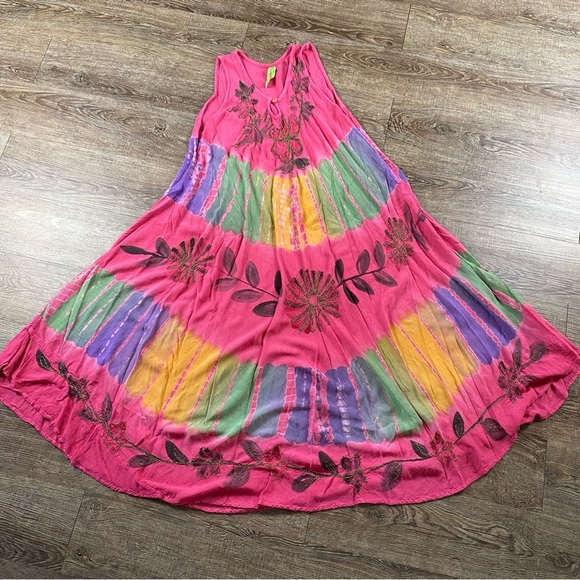 Sunflower Gauze Dress FreeSize Colorful Boho Hippie Sundress Beach Rayon Floral - Picture 1 of 7